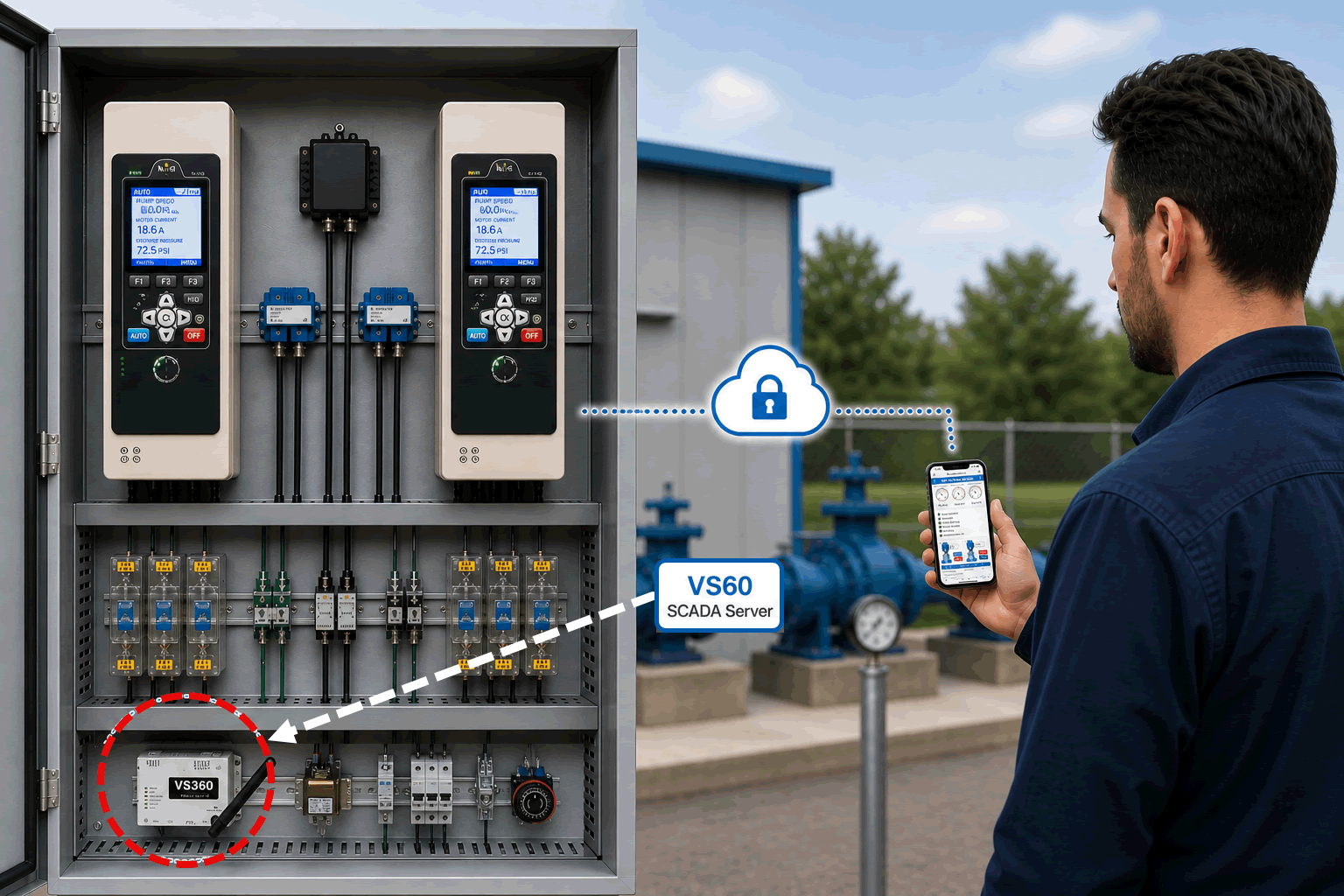 VirtualSCADA Pump Panel Monitoring — iQpump VFD with VS360 SCADA Server, cloud connection, and mobile dashboard